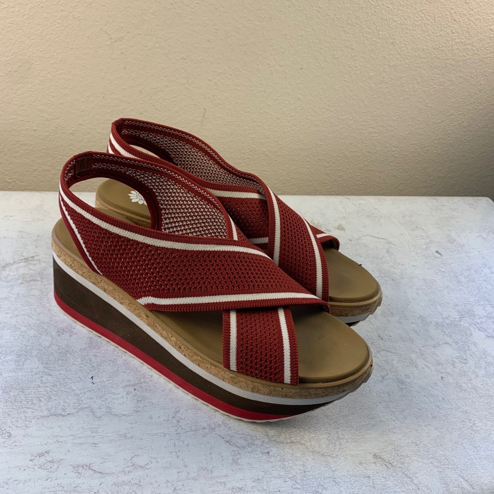 Yellow Box 9 Platform Sandals Red Knit Striped Wedge Slingback - Picture 2 of 11